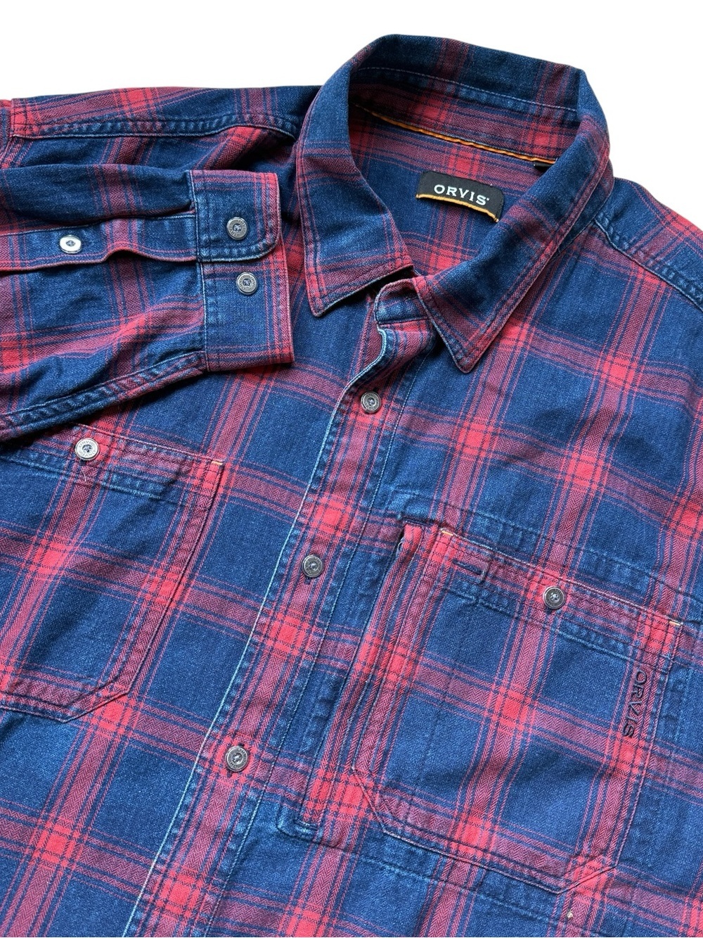 Orvis Plaid Denim Men Shirt XL Red Blue Utility Button Up Outdoorsy Cotton Shirt